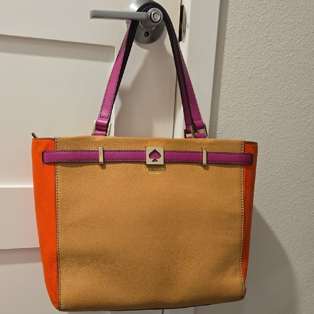 Kate Spade Colorblock Leather Tote Orange Pink Tan Shoulder Work Bag Spring